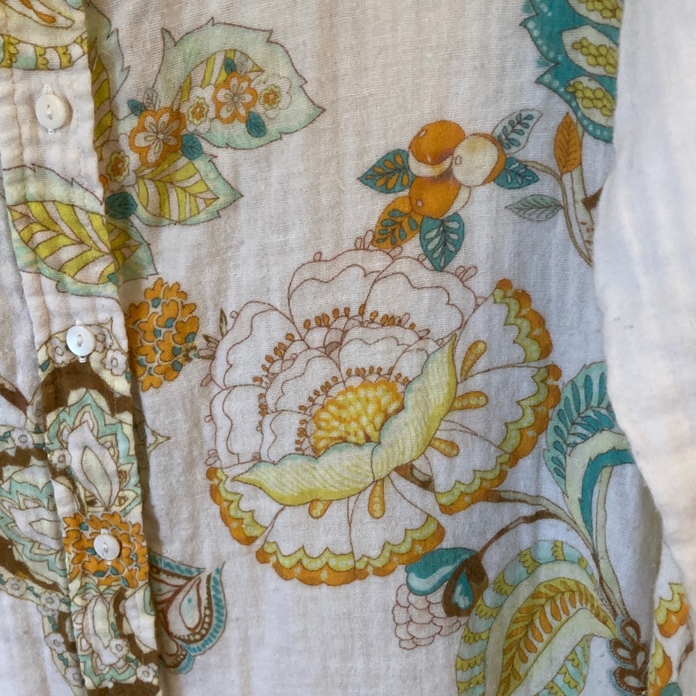 Lightweight Floral Button-Down Shirt - White with Green & Yellow Print - Picture 5 of 13